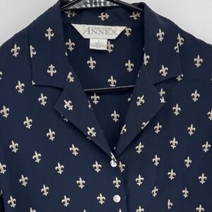 ANNEX Vintage Silk Fleur de Lis Button Down Long Sleeve‎ Shirt Navy Women's S